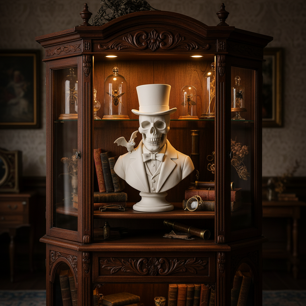 White gentleman skull bust sculpture in a Victorian curiosity cabinet