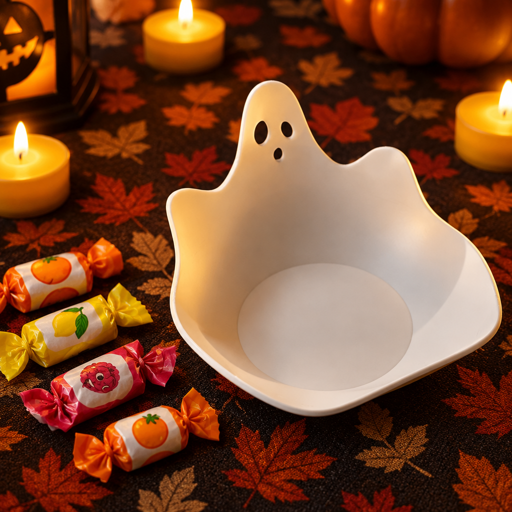 White ghost-shaped sweet tray arranged with wrapped sweets on a black and orange Halloween tablecloth