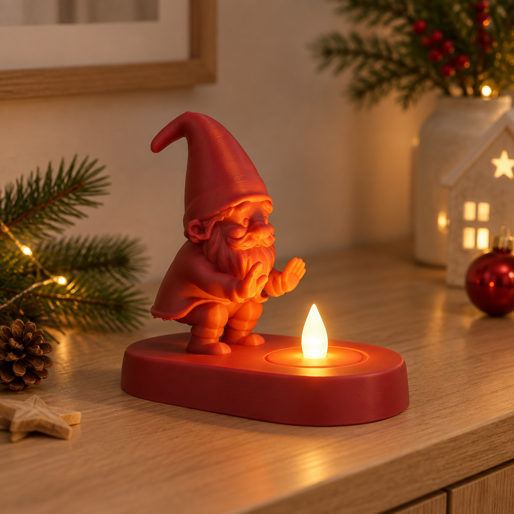 Red Santa tealight holder styled on a light oak console with Christmas greenery