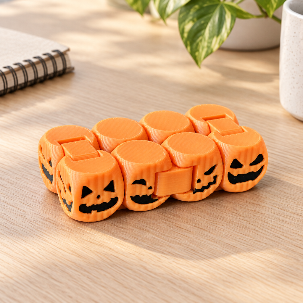 Orange pumpkin fidget chain curved on a pale oak desk