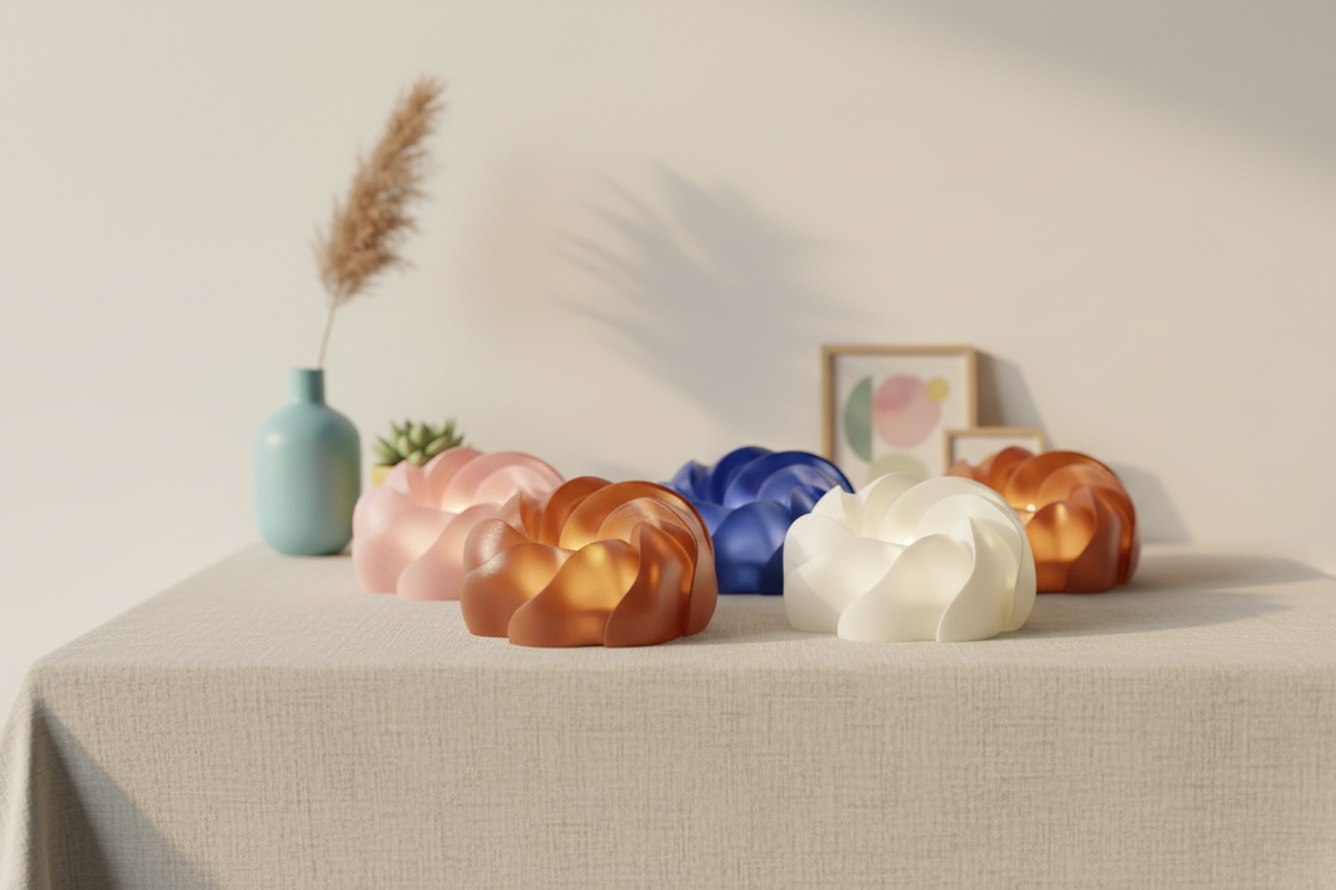 Five Cloud Twist Lamps soft pink deep blue warm orange sage green chalk white each glowing LED tealight loose cluster pale linen dining table centrepiece warm contemporary interior soft evening light wide editorial landscape