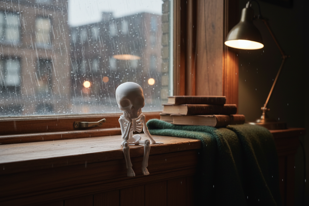 Sitting Sad Skeleton Figure on a bedroom windowsill in a dark academia interior