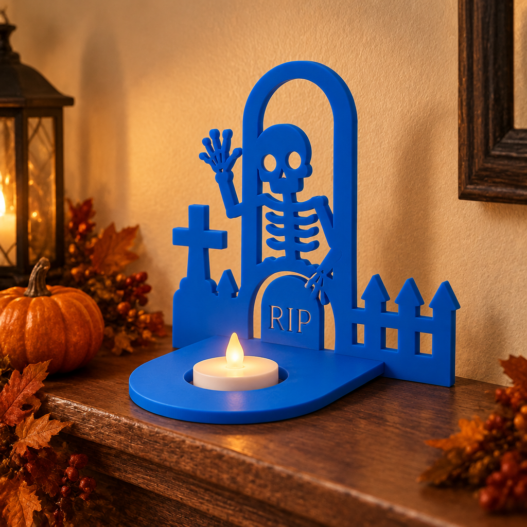 Graveyard shadow lamp on autumn mantel
