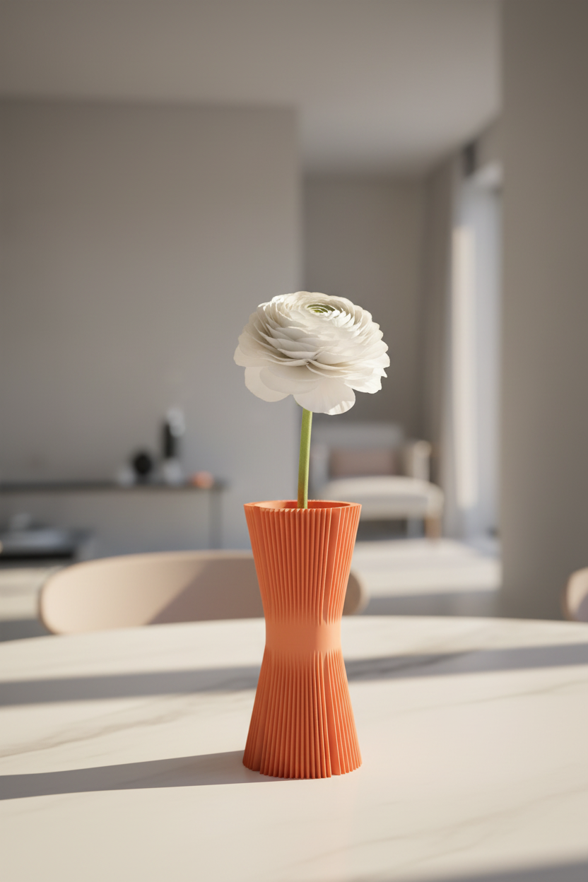 Ripple Twist Vase warm terracotta orange tight vertical ribbed ripple hourglass profile single white ranunculus stem white marble dining table bright contemporary interior warm afternoon sunlight portrait