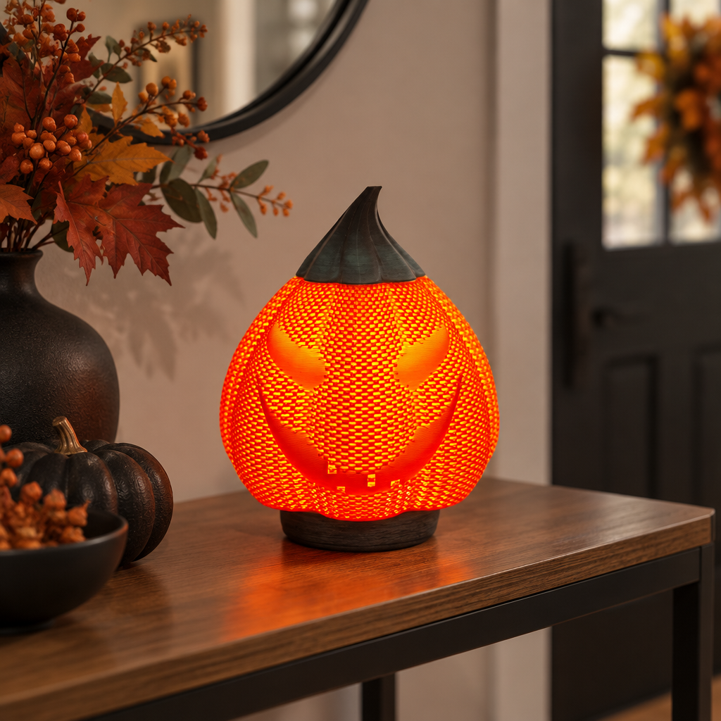Orange Evil Pumpkin decoration on a console table in a contemporary Halloween entryway