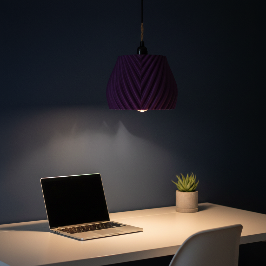 Purple pendant lampshade above home office desk - lifestyle