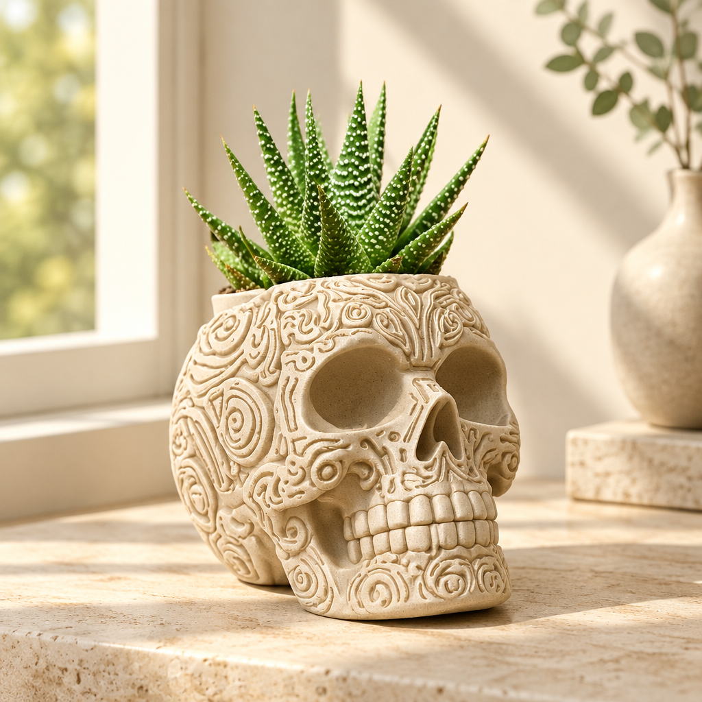 Beige skull planter with raised ornamental swirls and a green succulent on a pale stone table