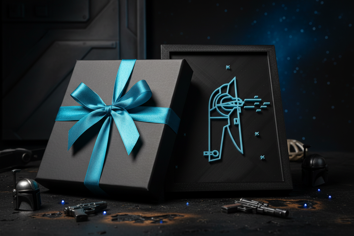 Slave I Neon Line Art shadow box presented as a gift in a sleek black box with teal blue ribbon