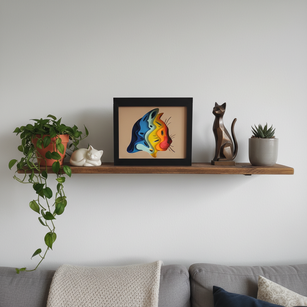 Cat Shadow Box displayed on a cosy living room shelf with cat ornaments and plants