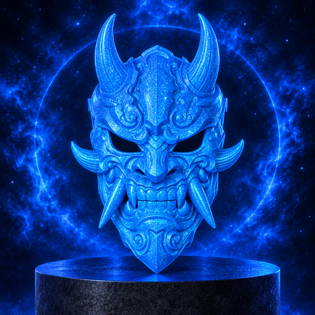 Uniform neon glitter glow blue Oni Demon Mask on a charcoal pedestal in a blue-lit display.