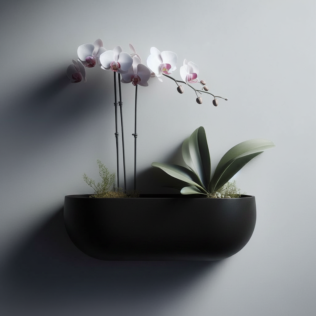 Oval Wall-Mounted Orchid Planter in matte black — dramatic minimalist interior lifestyle