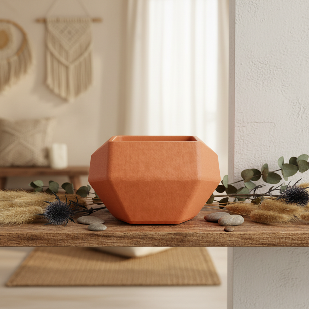Terracotta orange Minimalist Hexagonal Bowl with dried flowers on a rustic boho shelf