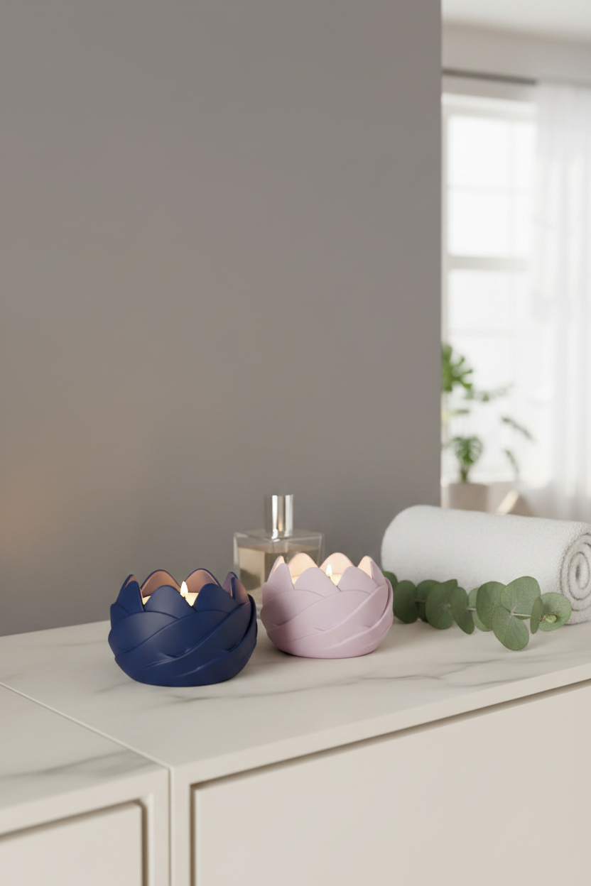 Two Leaf Petal Tealight Holders deep navy blue soft dusty pink matte petal scalloped form each holding lit tealight candle pale marble bathroom shelf small glass perfume bottle rolled white towel fresh eucalyptus sprig soft warm candlelight glow portrait