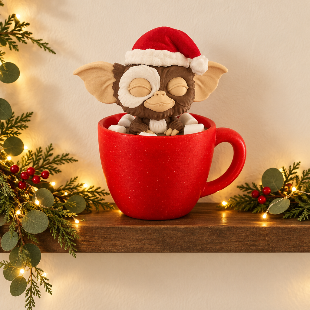 Gizmo Christmas ornament displayed on a shelf with evergreen and warm lights