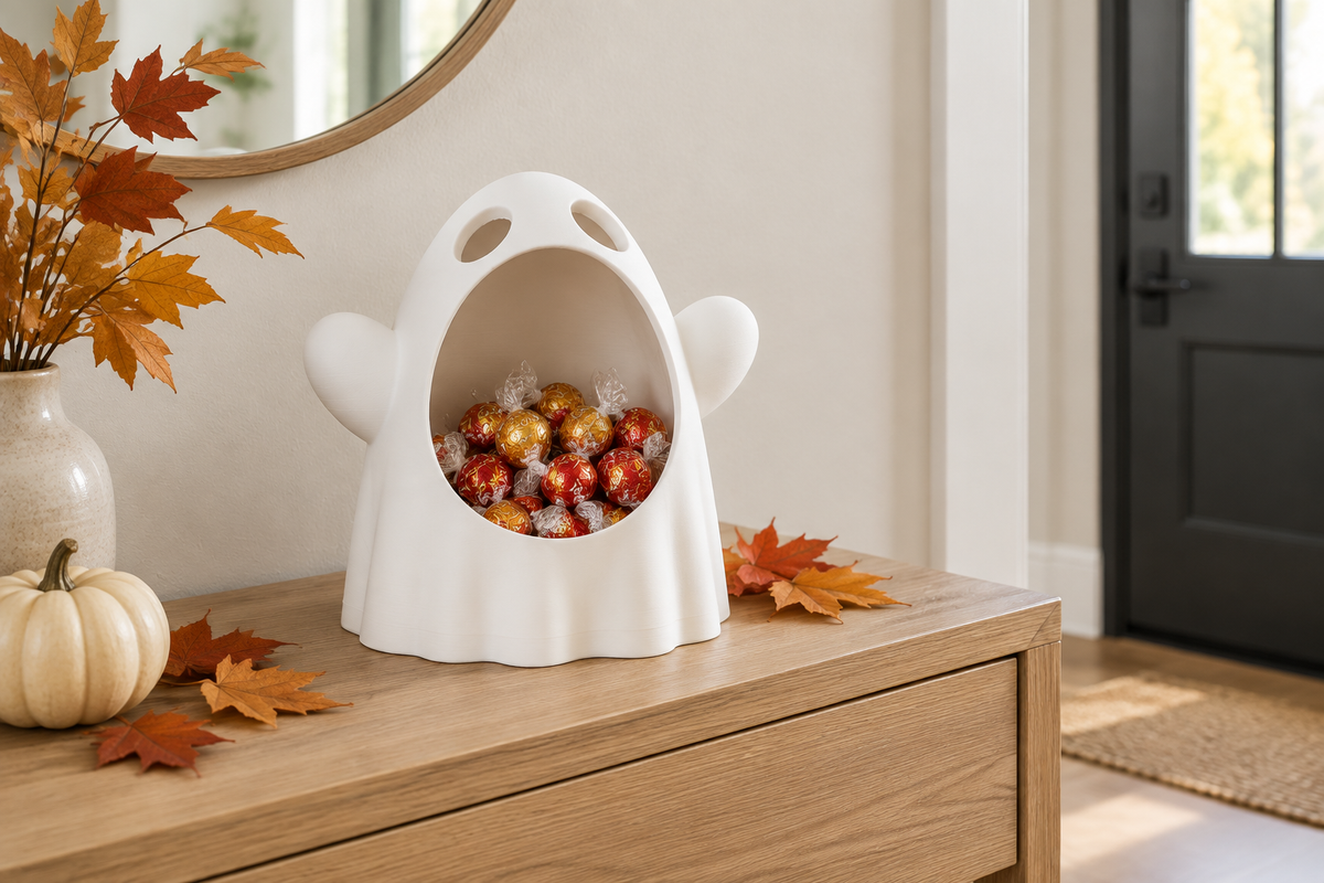 White wide-mouthed ghost sweet bowl on an autumn entryway console