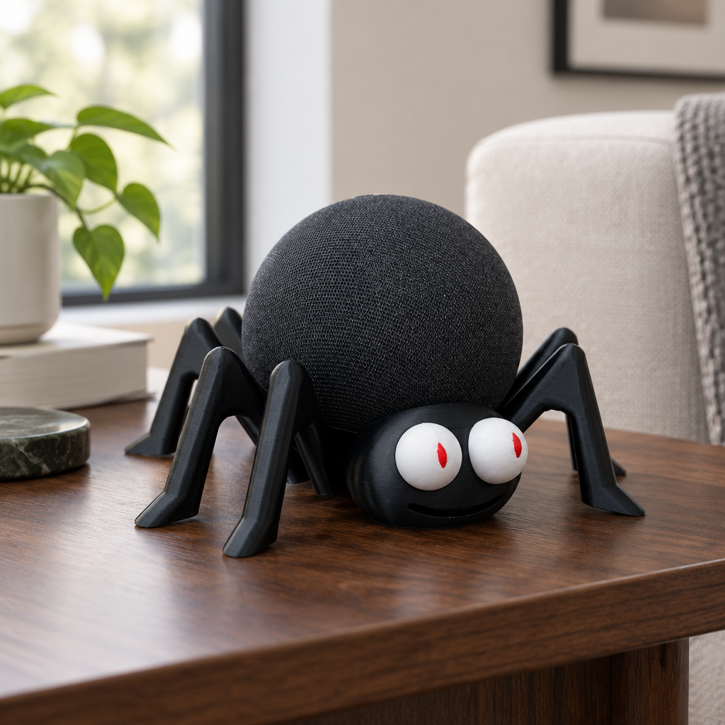 Spider Echo Dot skin on a dark walnut side table with the speaker as the body