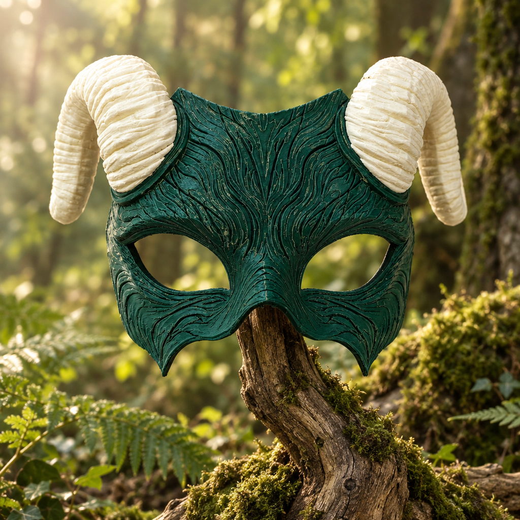 Forest-green Faun Mask with ivory curled horns displayed in a woodland setting, strap not included