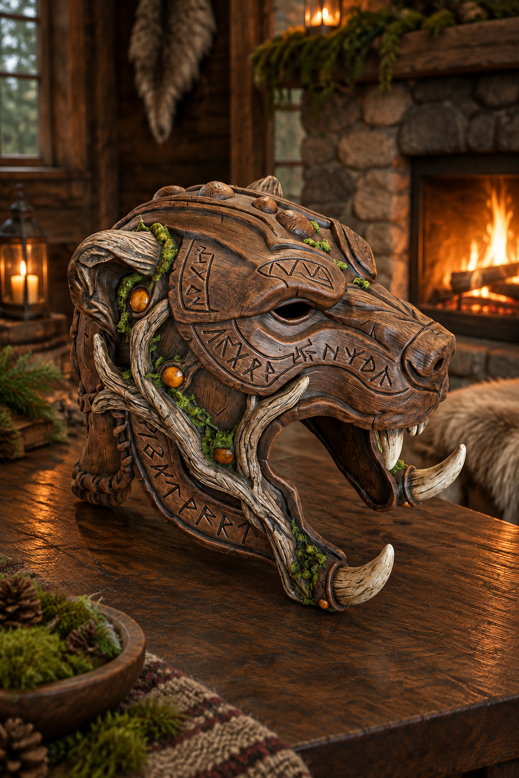 Runic Beast Mask displayed on a table in a rustic woodland cabin