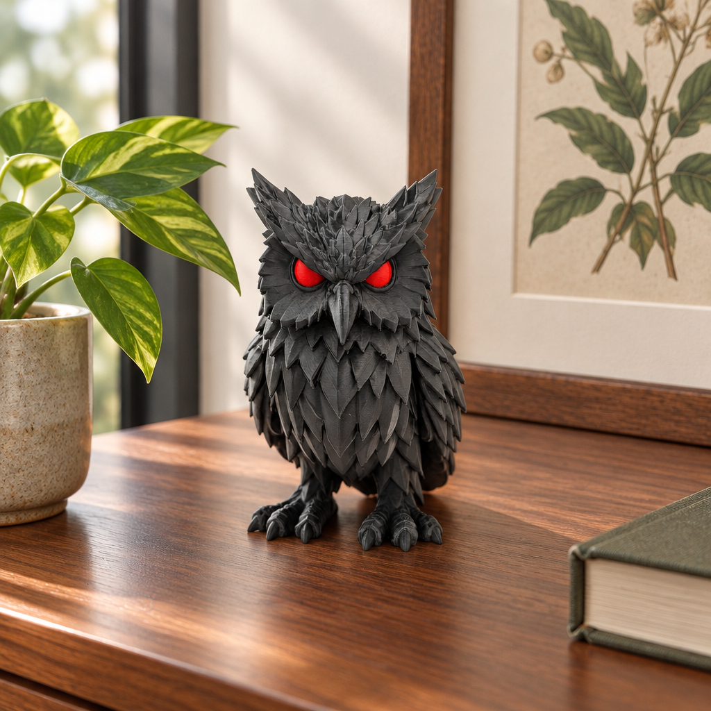 Crimson Watcher Owl on walnut side table