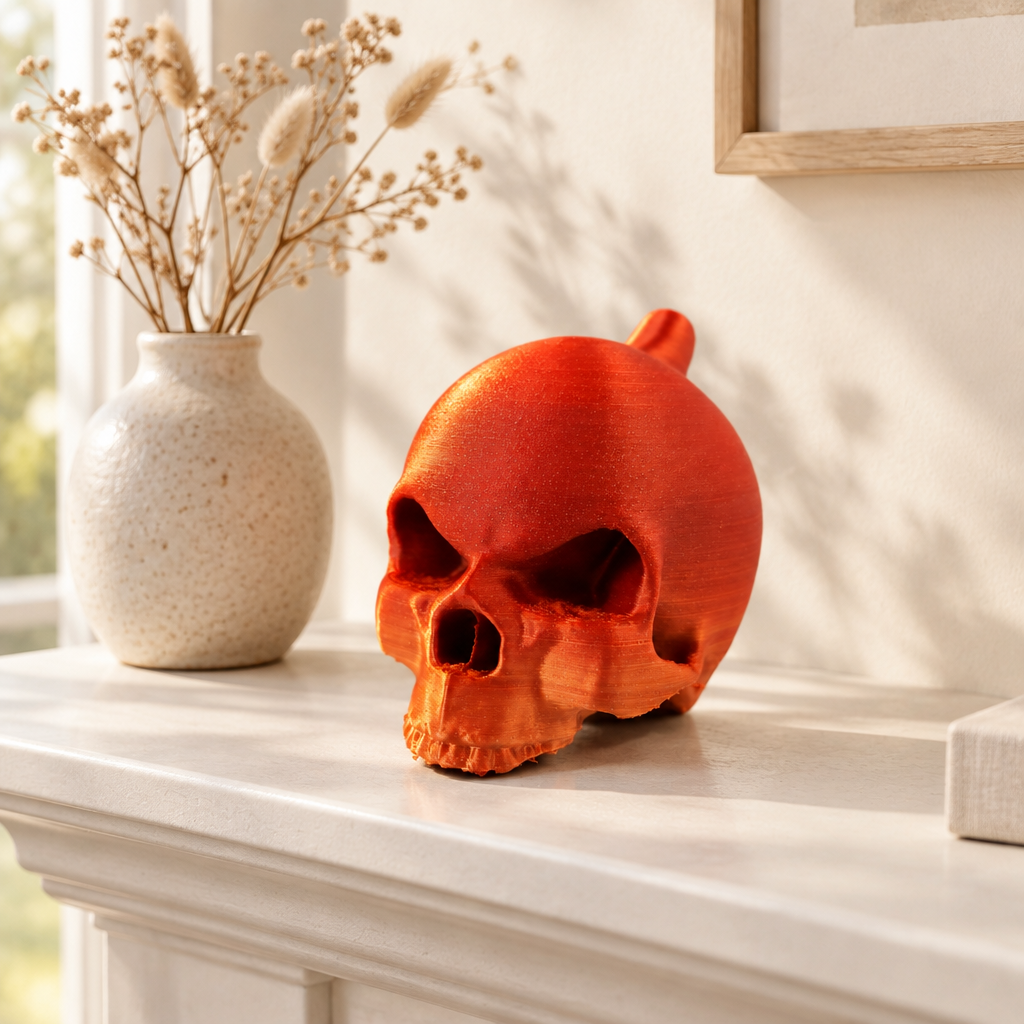 The orange skull ornament styled on a simple light mantel in an airy living room.