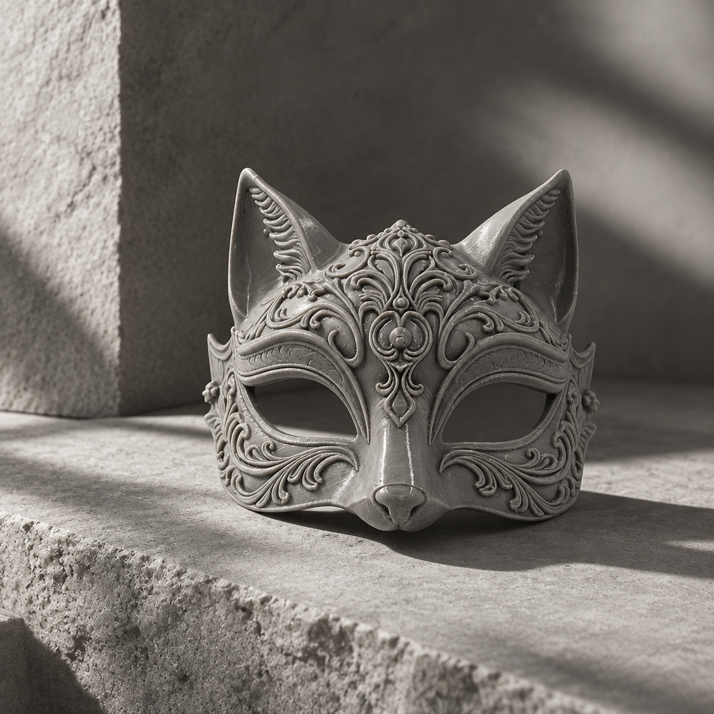 Grey sculptural cat mask resting on pale stone with dramatic side shadows