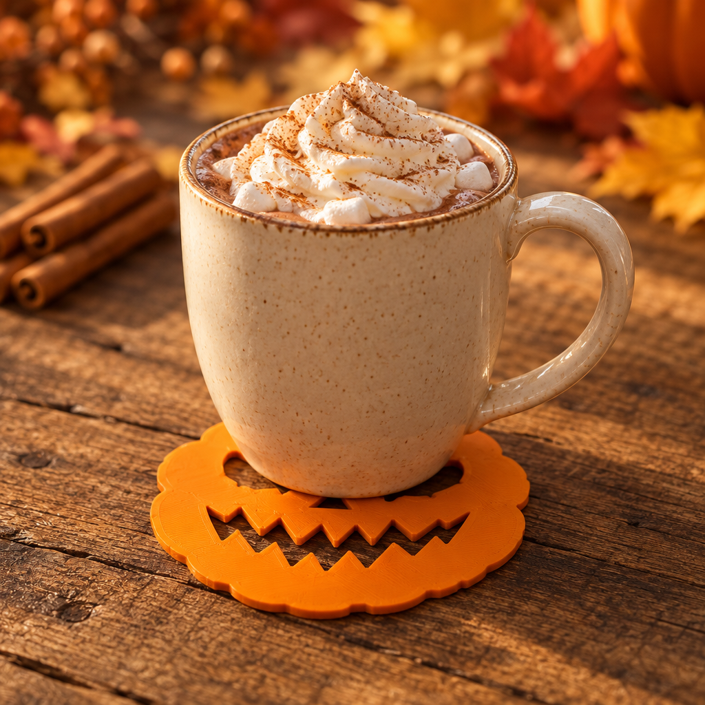Orange pumpkin face coaster beneath a hot chocolate mug on a rustic autumn table