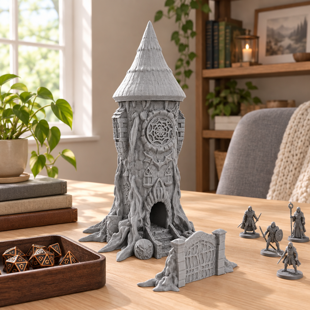 Grey gothic dice tower displayed with dice in a bright modern home gaming nook