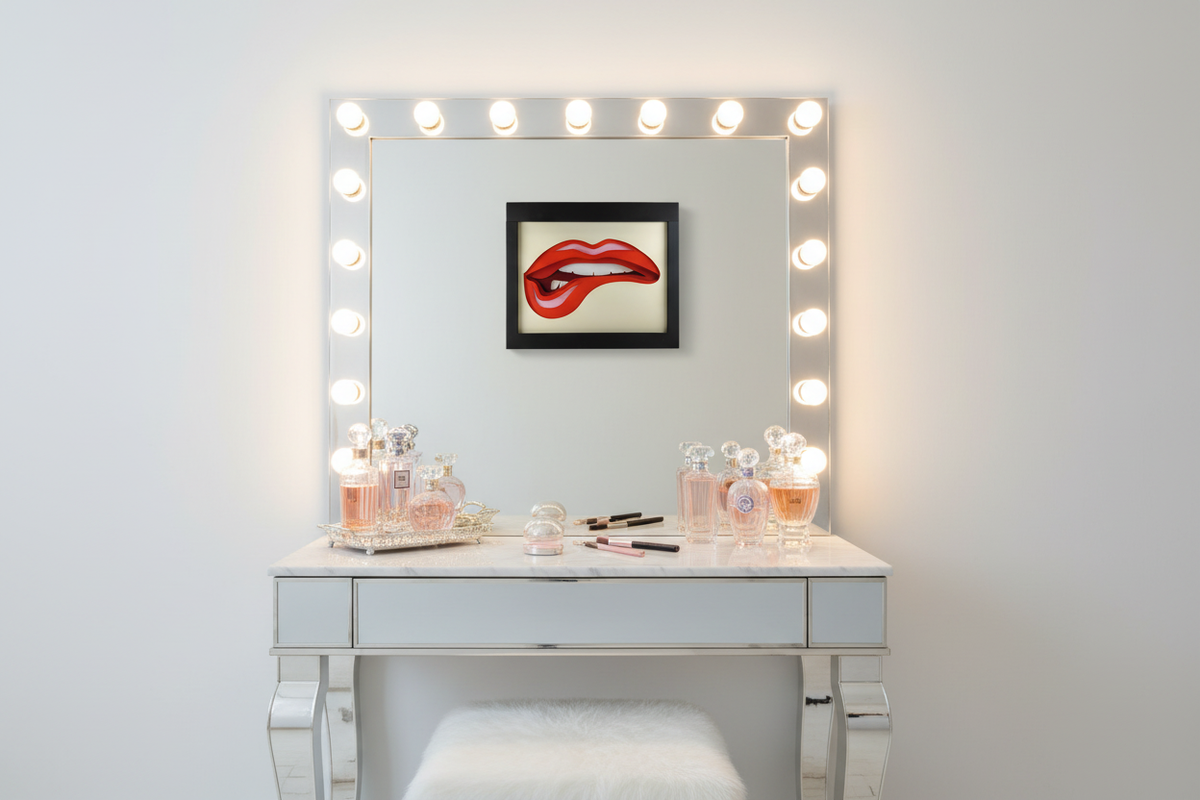 Lips Shadow Box 2 on a white wall in a glamorous dressing room with Hollywood vanity mirror and perfume bottles
