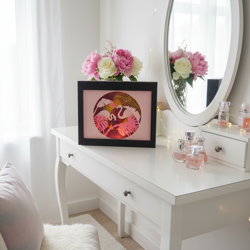 Flamingo Paradise Shadow Box displayed on a white dressing table in a bright feminine bedroom with flowers and perfume