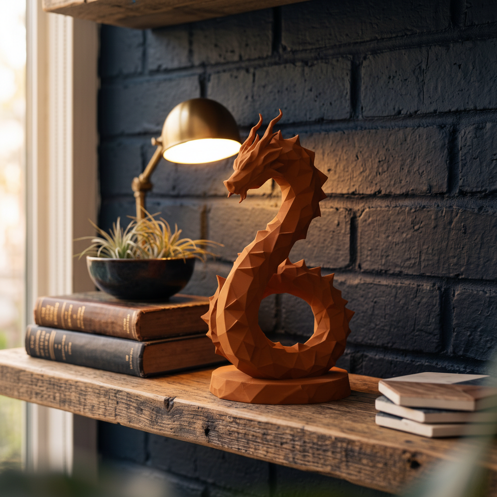 Low Poly Hydra Dragon Sculpture in orange — displayed on rustic wooden shelf with vintage books and warm Edison bulb lighting