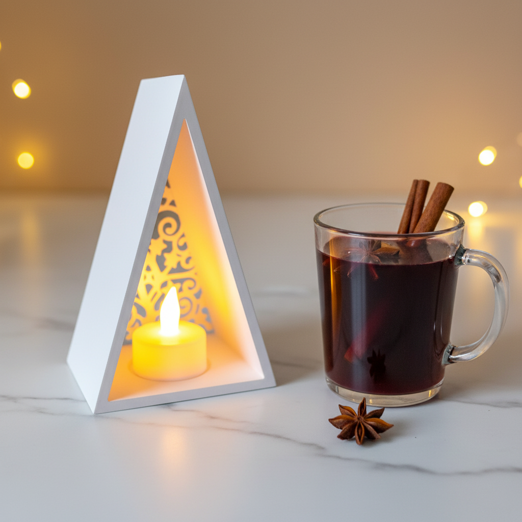 Pyramid lantern beside mulled wine and cinnamon sticks on marble surface lifestyle