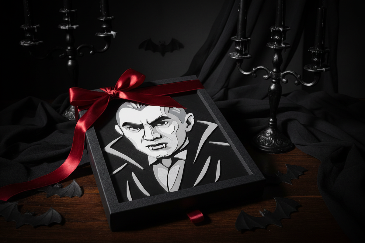Count Dracula Shadow Box presented as a gift in a matte black box with deep red ribbon and gothic candelabra decorations