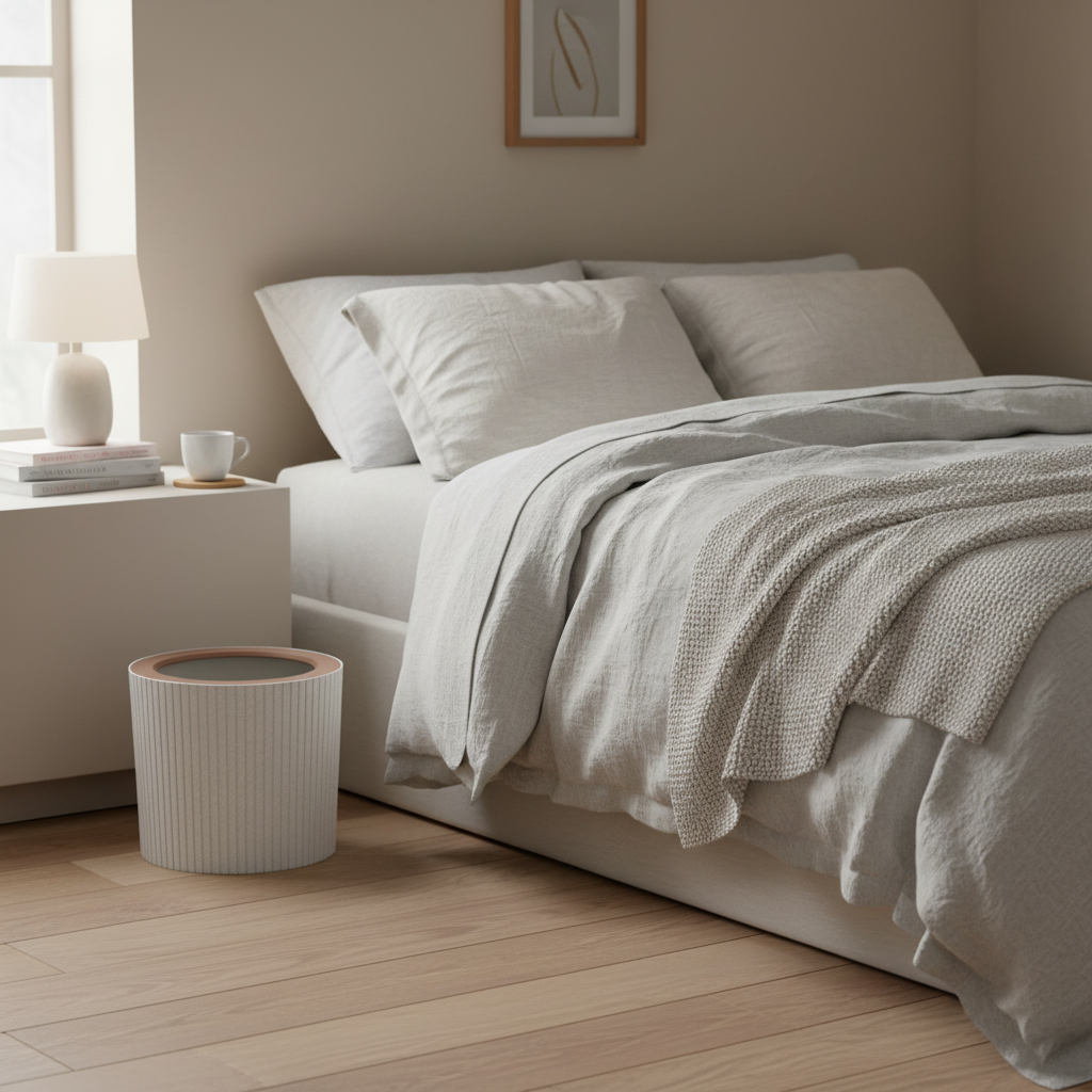 Ribbed Striped Trash Bin with Rose Gold Ring beside a bed in a cosy modern bedroom