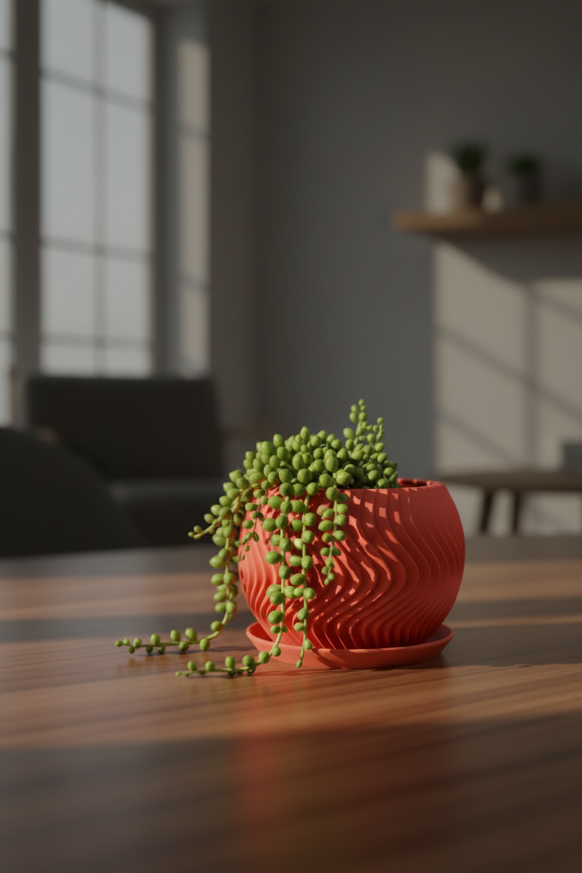 Modern Wavy Planter Pot warm terracotta orange flowing vertical wave texture matching drainage tray trailing string of pearls succulent warm walnut desk moody home office dramatic raking side light portrait