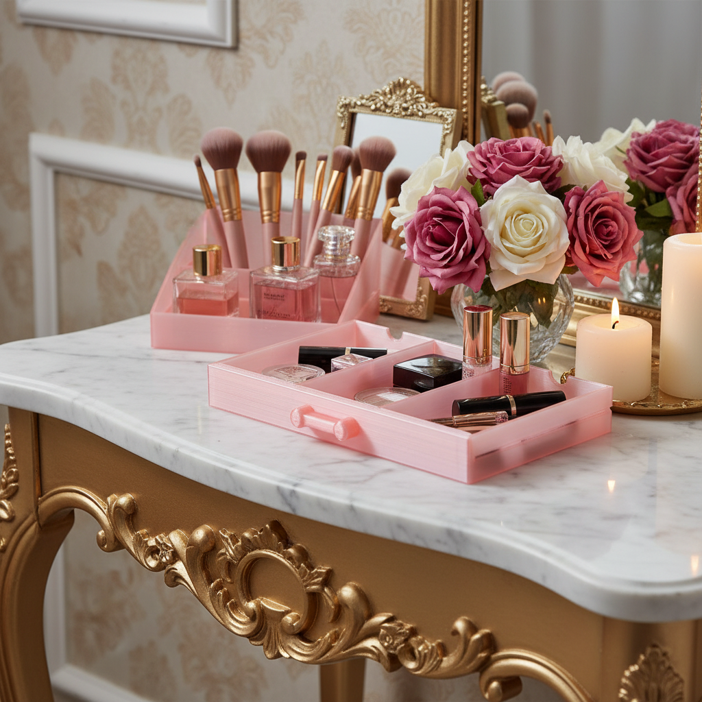 Make-up Organizer on a luxurious gold and marble vanity with roses and candles in an opulent boudoir setting