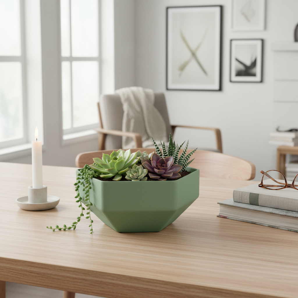 Sage green Minimalist Hexagonal Bowl with succulents on a wooden dining table with a candle