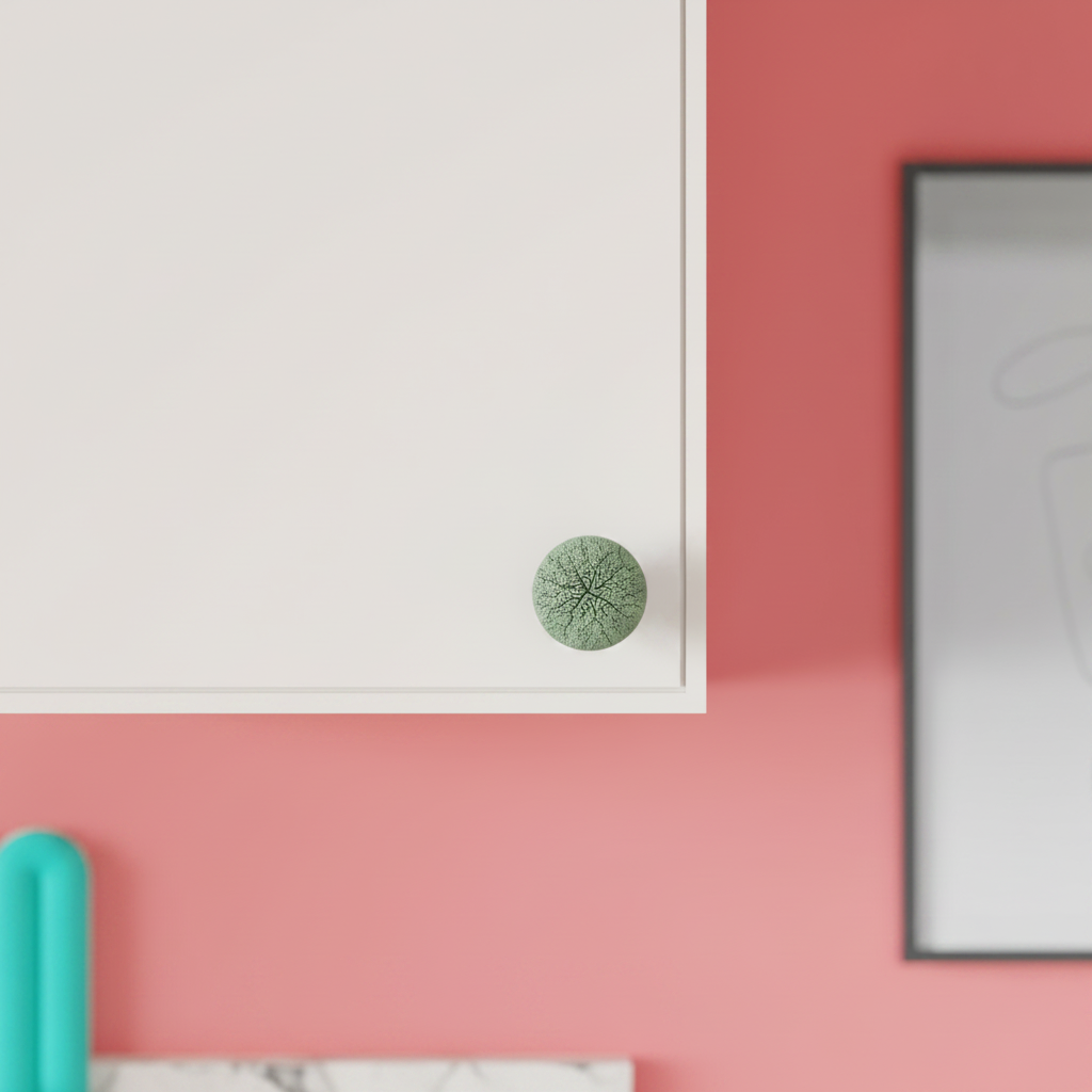 Reaction Diffusion Coral Cabinet Knob on sage green kitchen cabinet