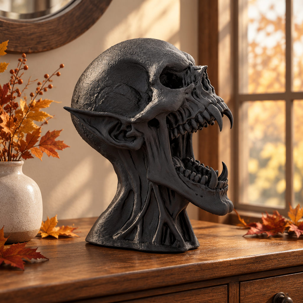 Black Vampire Skull upright on a plinth in a gothic collectibles display