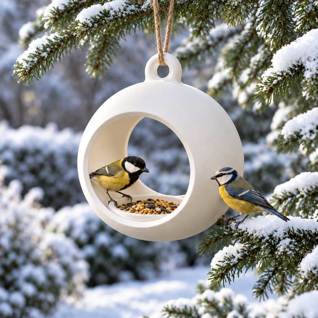 Sphere feeder in evergreen winter garden