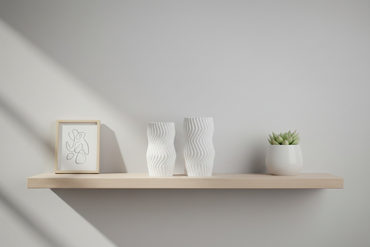 Wavy Twist Vase Set in white, floating shelf, afternoon light