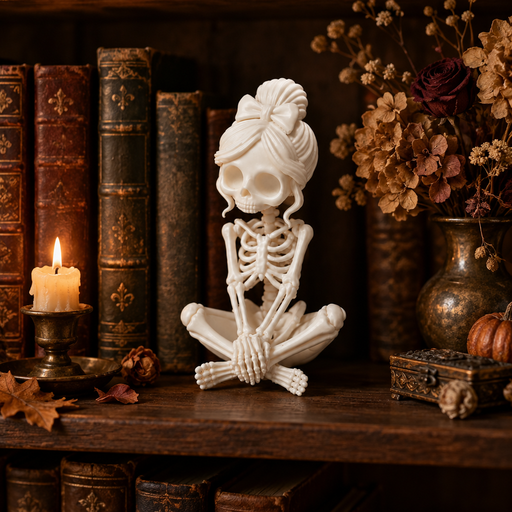 Lady Skeleton All Shy on a vintage bookshelf