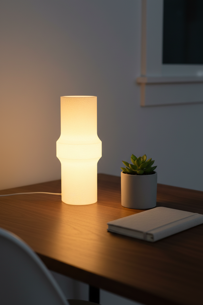 Minimalist Bulge LED Lamp glowing warm amber translucent white cylinder waist-pinch bulge profile warm walnut desk minimal contemporary home office ceramic plant pot linen notebook soft warm evening work light atmospheric glow portrait