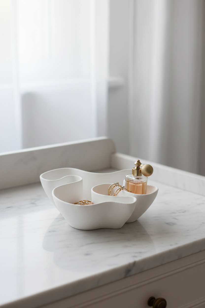 Fabric Ripple Bowl chalk white matte sweeping fabric-fold rim sculpted interior compartments pale marble dressing table gold jewellery rings earrings small perfume bottle soft morning light bright minimal bedroom portrait