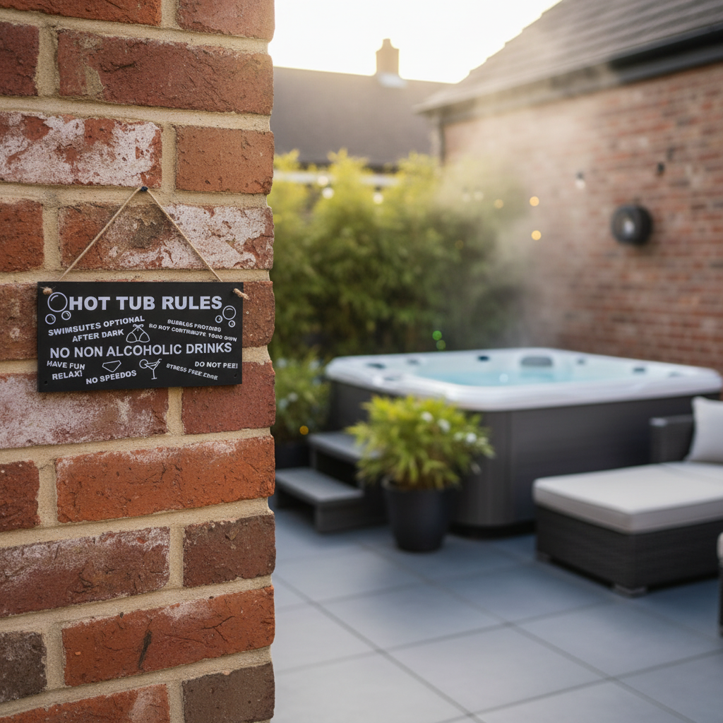 Black Hot Tub Rules Sign hung at realistic scale on brick garden wall in stylish spa area
