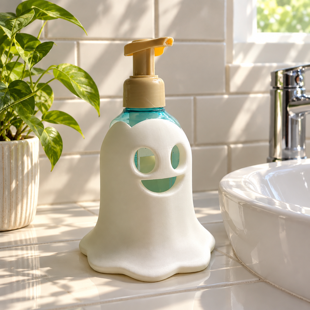 Ghost-shaped soap dispenser beside a sunlit tiled bathroom sink