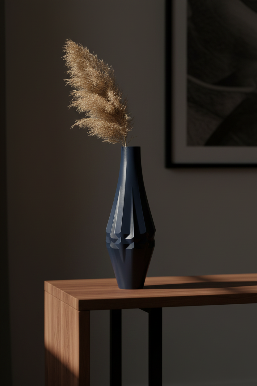 Twist Panel Vase deep navy blue matte angular faceted panel mid-body twist narrow tapered neck single dried pampas stem warm walnut console table moody sophisticated interior dramatic raking side light dark background portrait