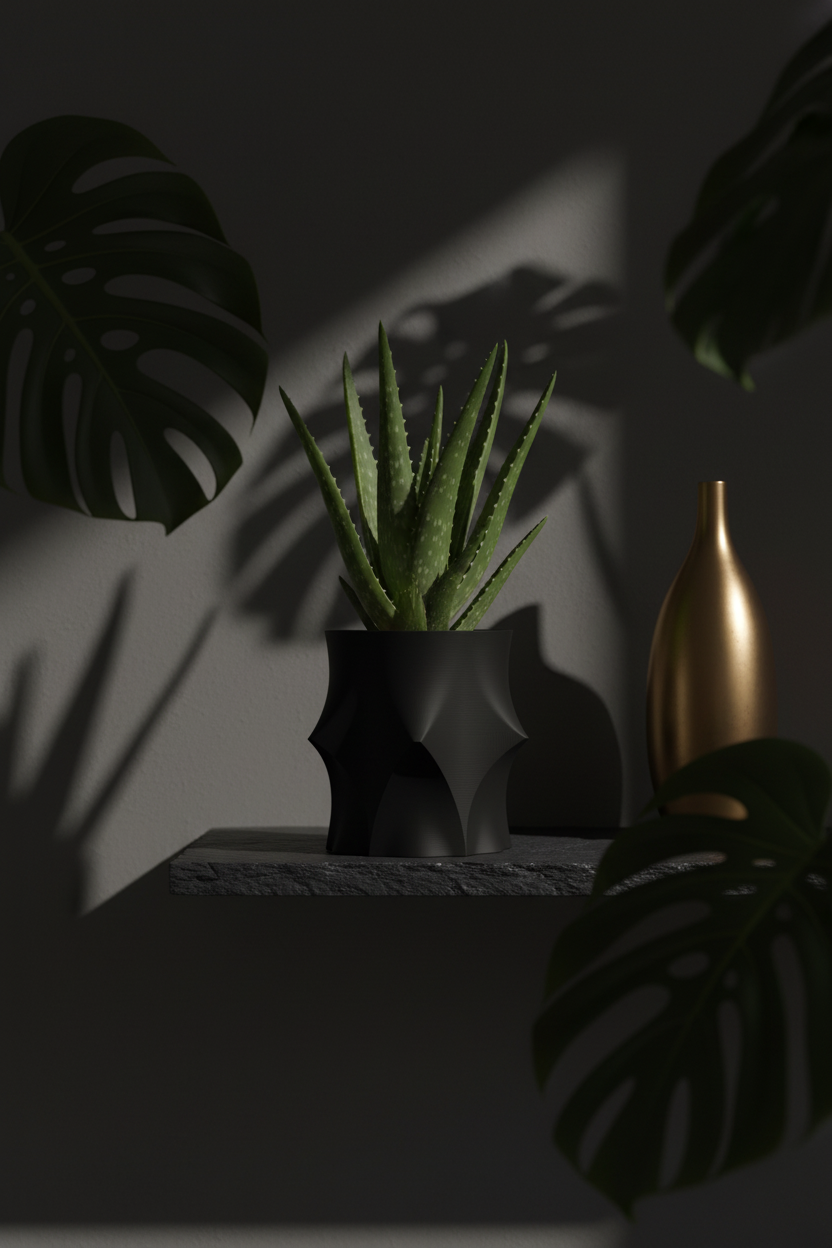 Charcoal black geometric planter with aloe on dark slate shelf moody monstera luxury interior