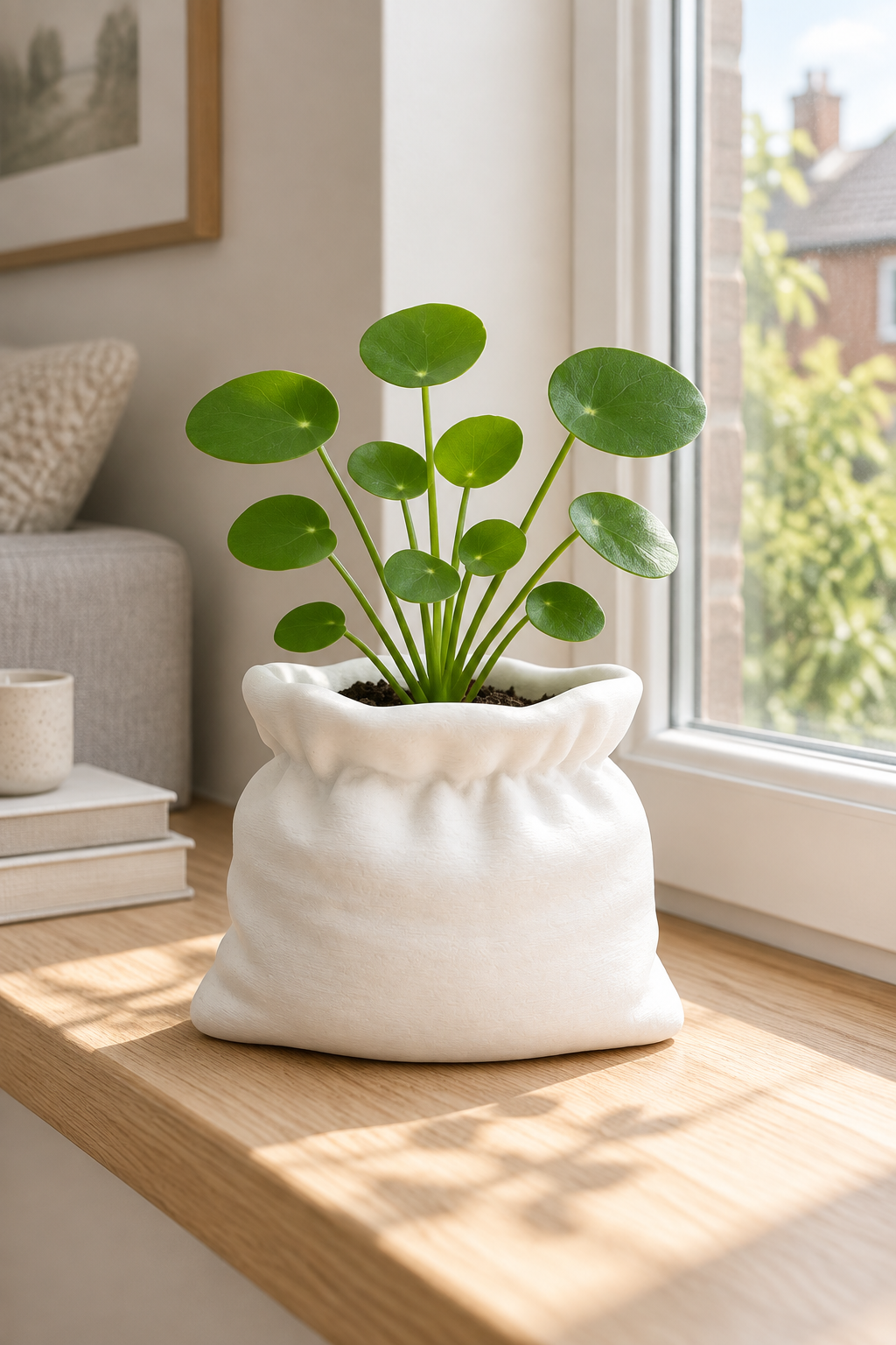 White sack planter with round-leaf greenery on a bright living-room windowsill