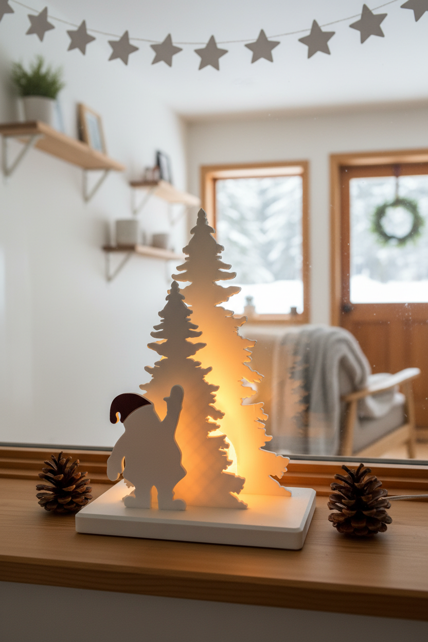 Santa Claus tree scene glowing on windowsill with snowy winter landscape outside lifestyle