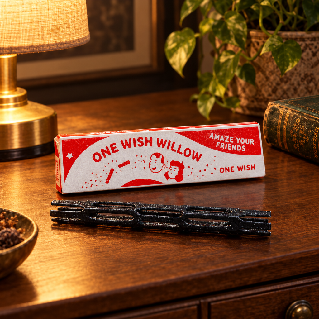 One Wish Willow black stick and presentation box on a warm wooden console